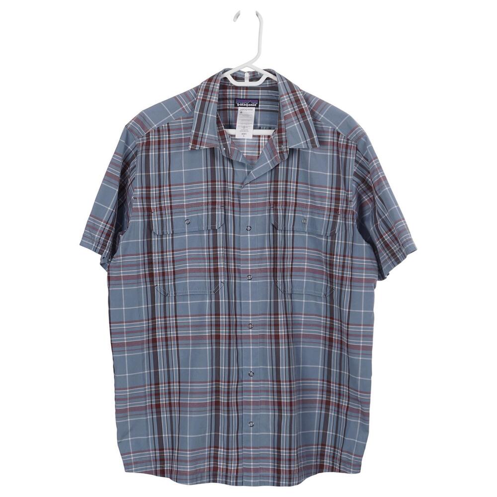 Patagonia Shirt Men L Blue Plaid Snap Button Short Sleeve Lightweight Casual